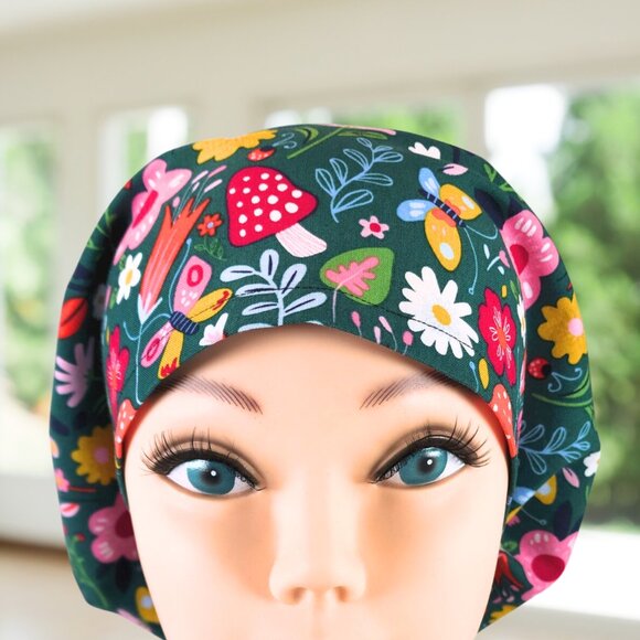 PREMIUM Euro Style Scrub Cap Mushroom Floral~ Scrub Cap, Unisex Nurse Cap, Scrub - Picture 2 of 5